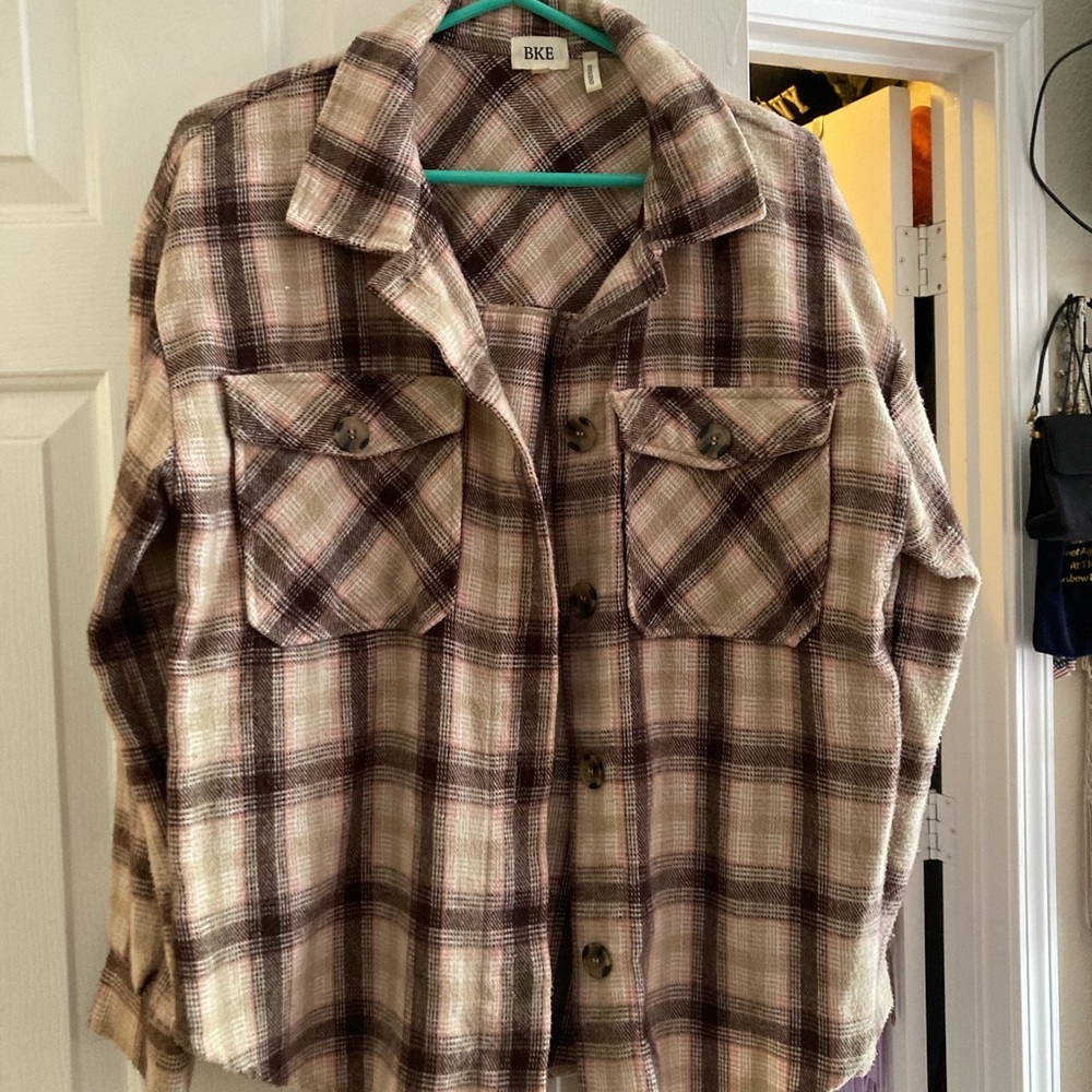 BKE Boyfriend Plaid Shirt in Brown and Cream